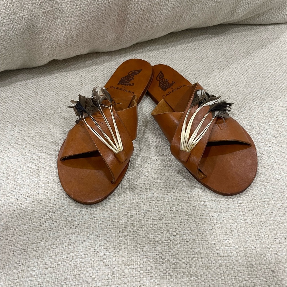 Ancient Greek Sandals x Caravana Brown Leather Sandals with Feather Detail